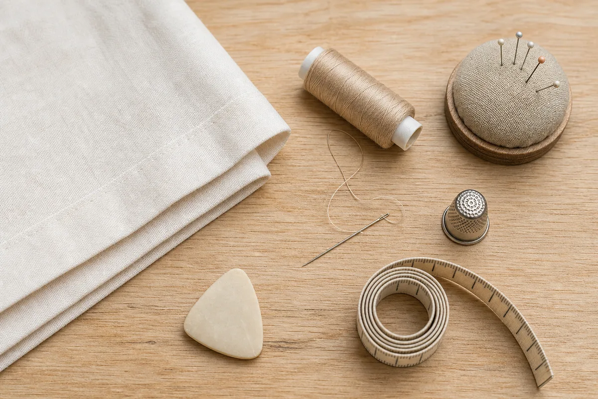 Aiguille fine, fil assorti, dé à coudre et épingles disposés sur un tissu plié, matériel pour un ourlet à la main