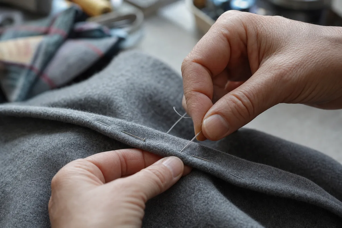 Mains cousant un ourlet à la main au point glissé sur un tissu replié et épinglé, aiguille et fil assorti